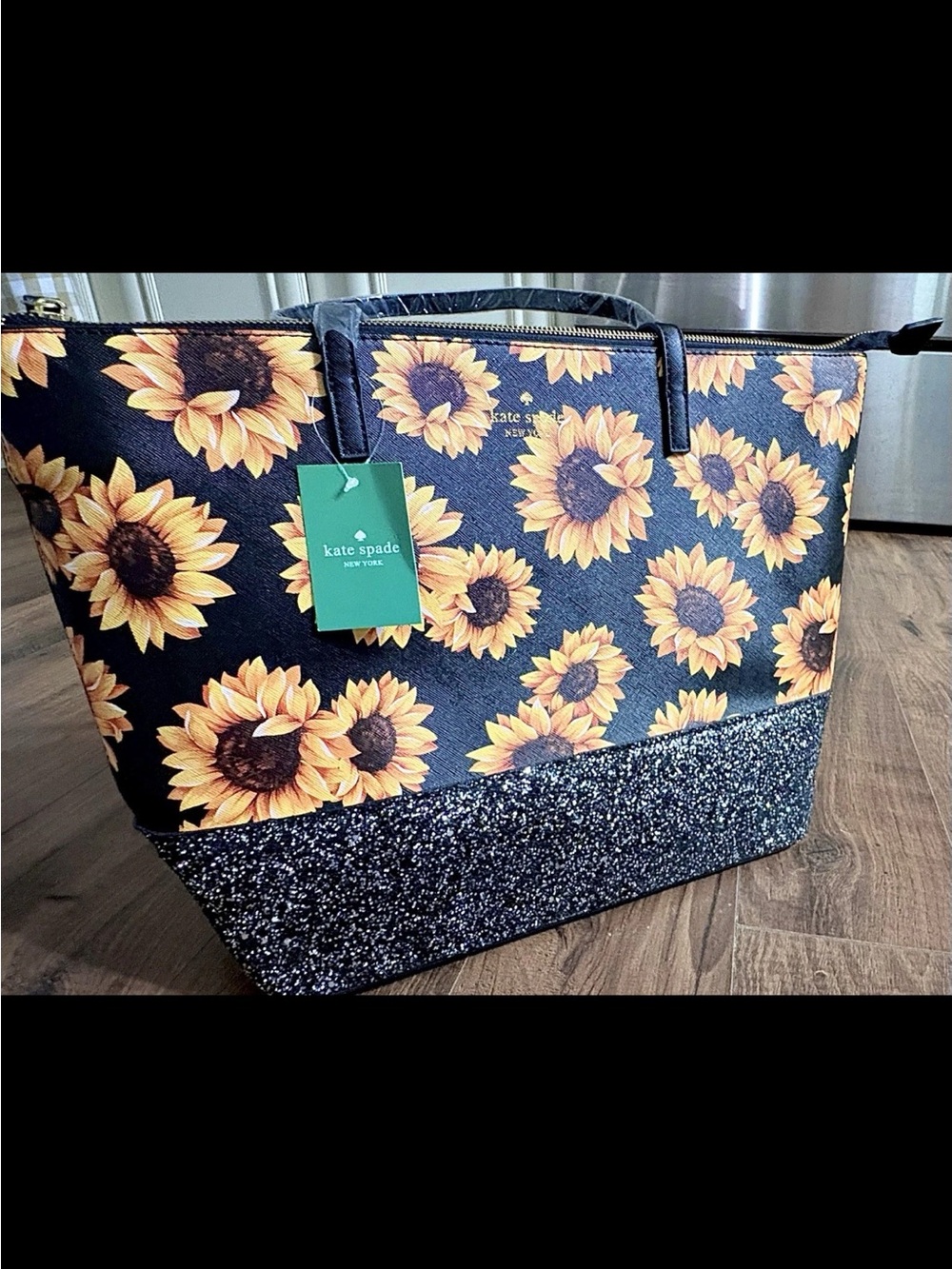 kate spade Black Sunflower Print Tote with Glitter Base